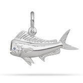 Sterling Silver Mahi Mahi Pendant High Polished Mirror Finish With Blue Sapphire Eye with A Mariner Shackle Bail Custom Designed By Nautical Treasure Jewelry In The Florida Keys